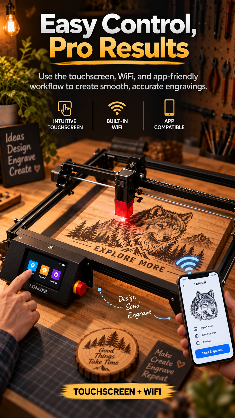 longer ray5 20w laser engraver high-power laser cutter machine 0-01mm-precision 24000mm min speed color metal engraving wood acrylic glass leather 3-5-touchscreen app-offline 400x3